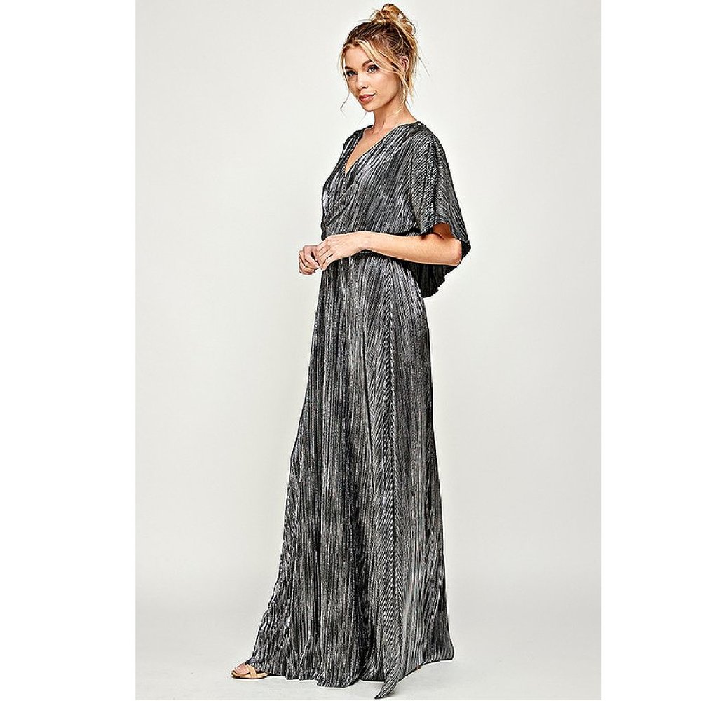 GORGEOUS Silver Crinkle Metallic Threaded Cape Back Maxi Dress S+M+L NEW - Picture 2 of 4